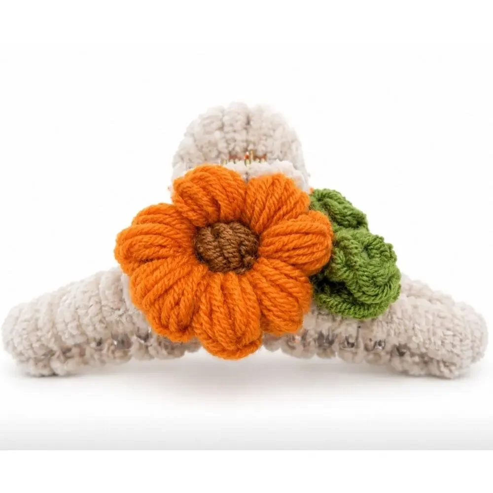 Ivory Orange Knit Floral Hair Claw Clip New